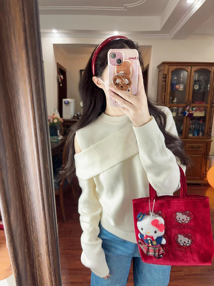 

oulder Bared Long Sve Knitted Sweater Women's Slim Fit Design Hollow out Faionable Top Spring Season Commute Sle