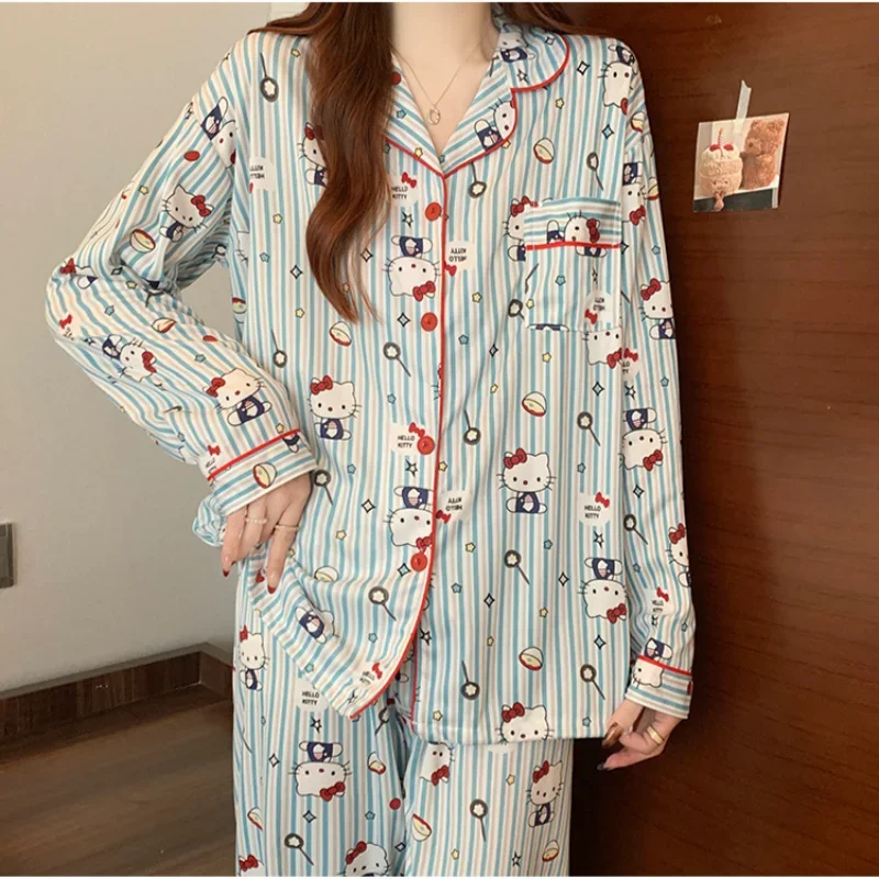 Sweet and cute Hello Kitty pajamas Sanrio cartoon loungewear simple casual women's two-piece set breathable pajamas