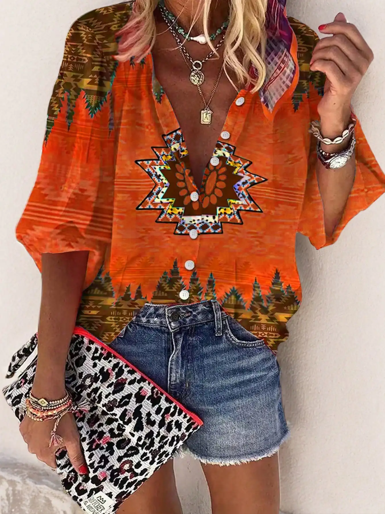 

Western ethnic holiday casual style geometric print three-quarter sleeve lantern sleeve women's shirt