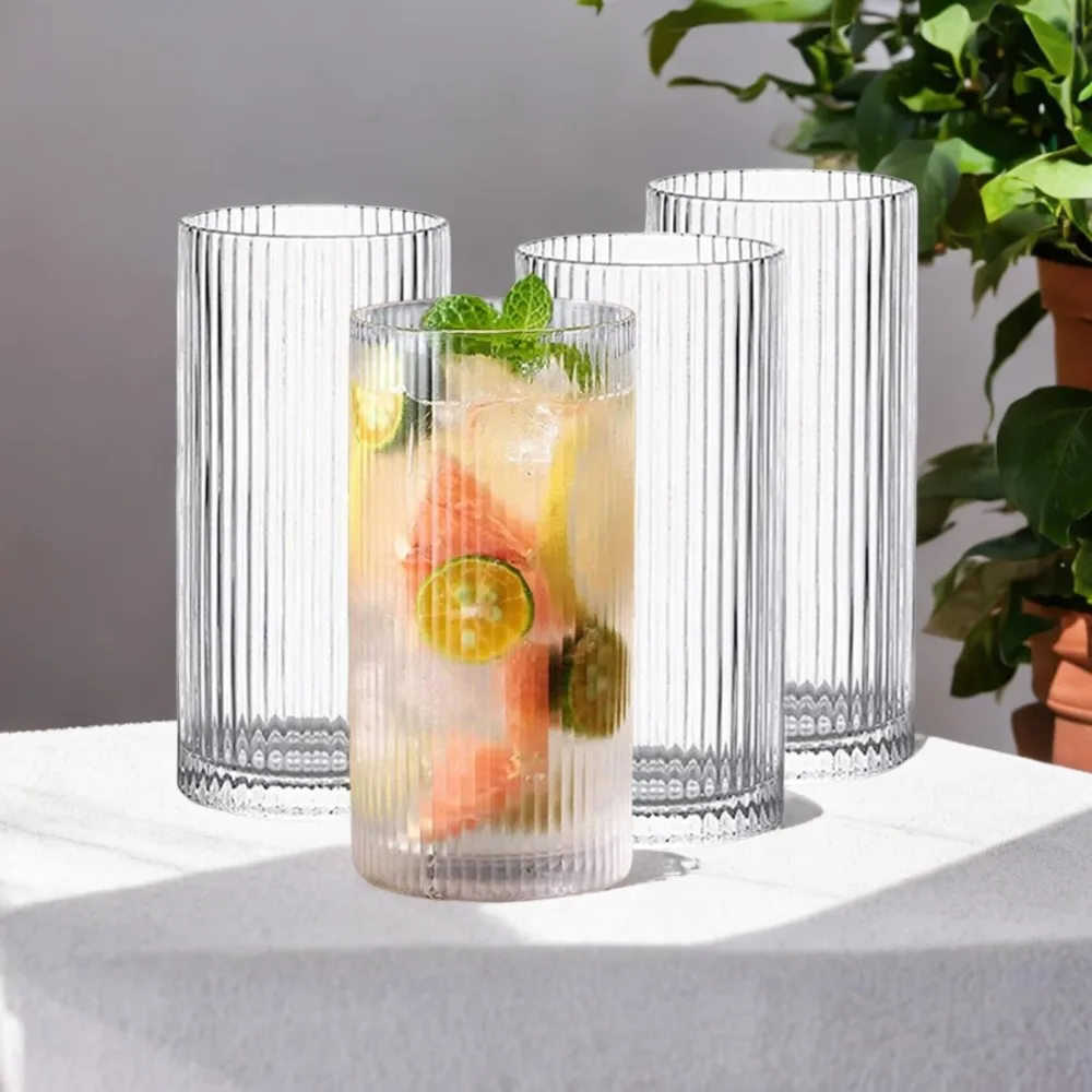 Vintage Transparent Ribbed Glassware Set - 4PCS Cocktail Glasses for Beverages, Iced Coffee, Juice, and Ripple Drinkware Altar