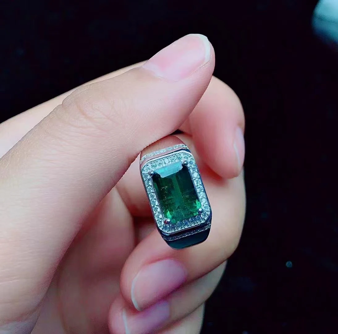 خاتم التورمالين الأخضر الطبيعي لعام 100% للرجال خاتم فضة من التورمالين مقطوع بالزمرد 925 مجوهرات من الفضة التورمالين هدية لصديقها