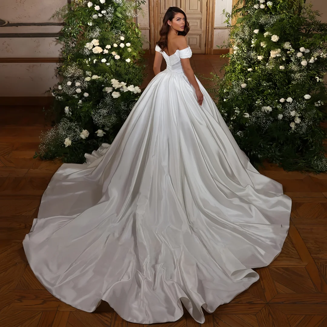 Customized Exquisite the Shoulder Satin Wedding Dresses Floor Length Pearls Beaded Bridal Gowns with Chapel Vestidos De Novia