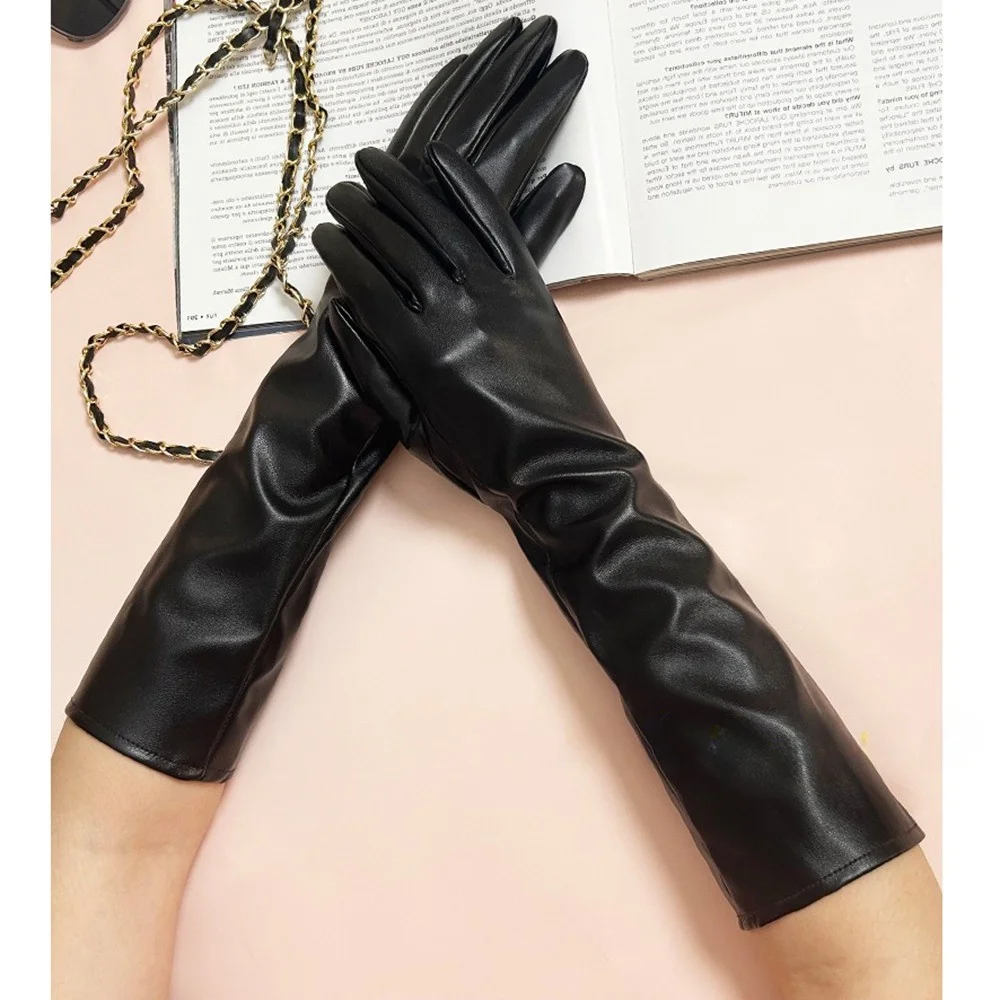 Dark Lolita Gothic  Style PU Leather Fingered Gloves Medium Long Fashion Close-fit Type for Cosplay Comic Show
