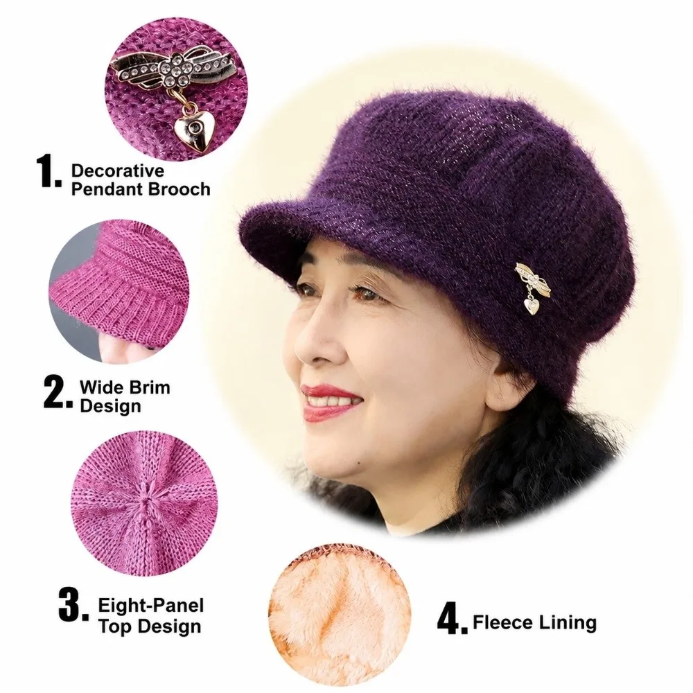 Comfortable Thickened Knitted Wool Hat Fleece Lined Keep Warm Beanies Hat Windproof Pumpkin Beret Hat for Middle Aged Women