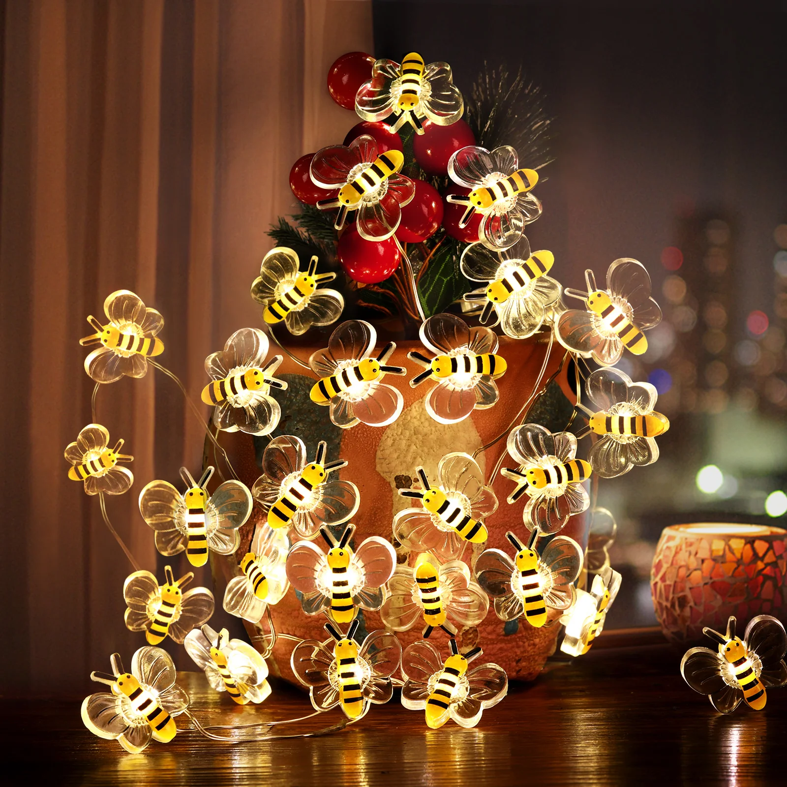 30LED Lights 3M Mushroom Copper Wire Led Lights Christmas DIY String Lamps Honey Bee Holiday Lights For Garden Party Decoration