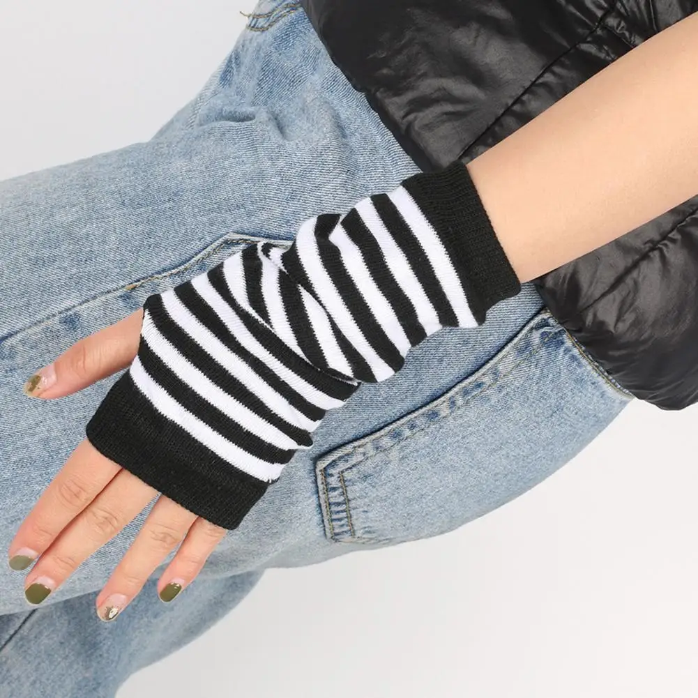 Cosplay Mitten Oversleeve Anime Glove kobiety osłona przeciwsłoneczna utrzymać ciepły mankiet szydełka Knitting Striped Print Arm rękawiczki na