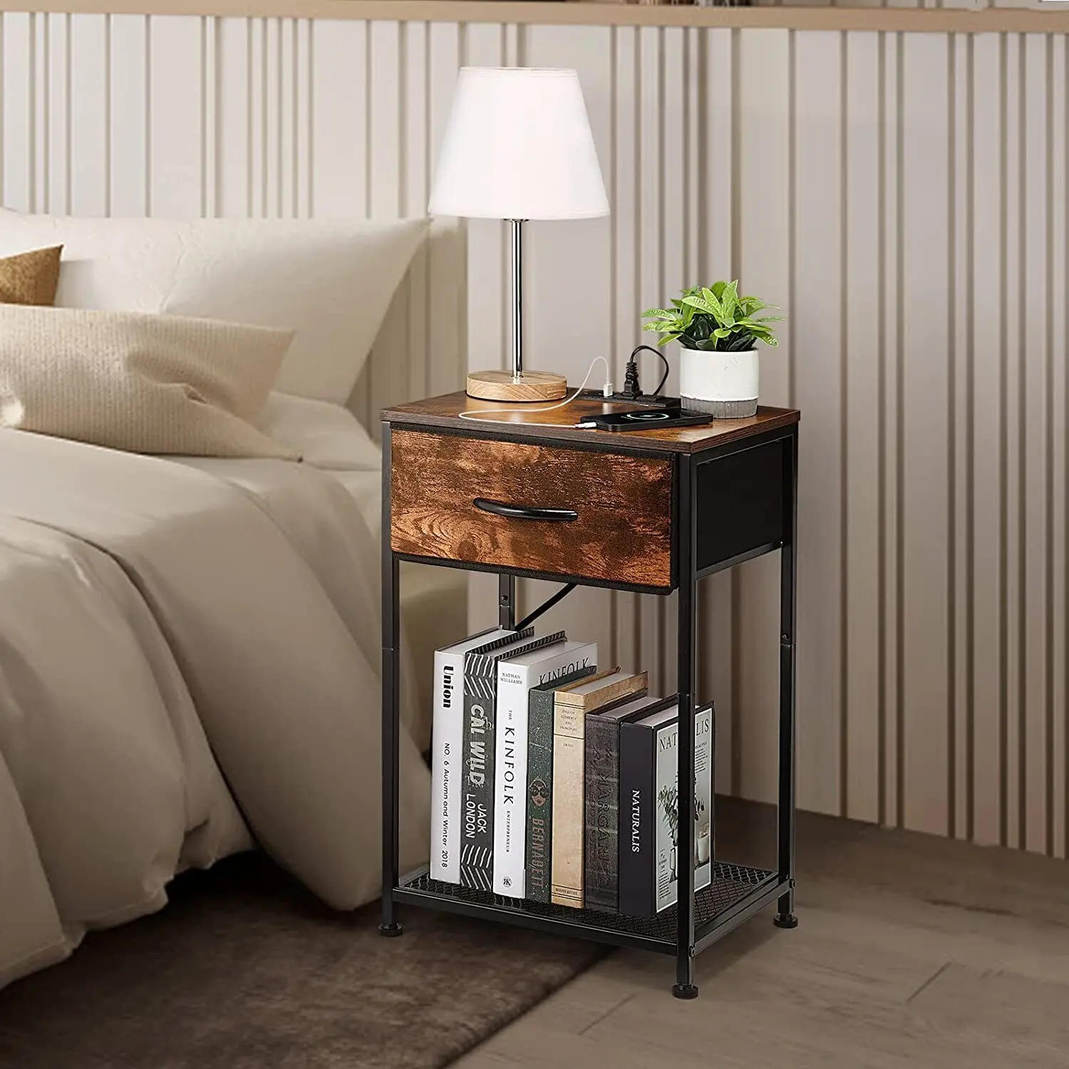 Set of 2 Side End Table Nightstand w/Charging Station 2-Tier Bedside Table Bedside Tables