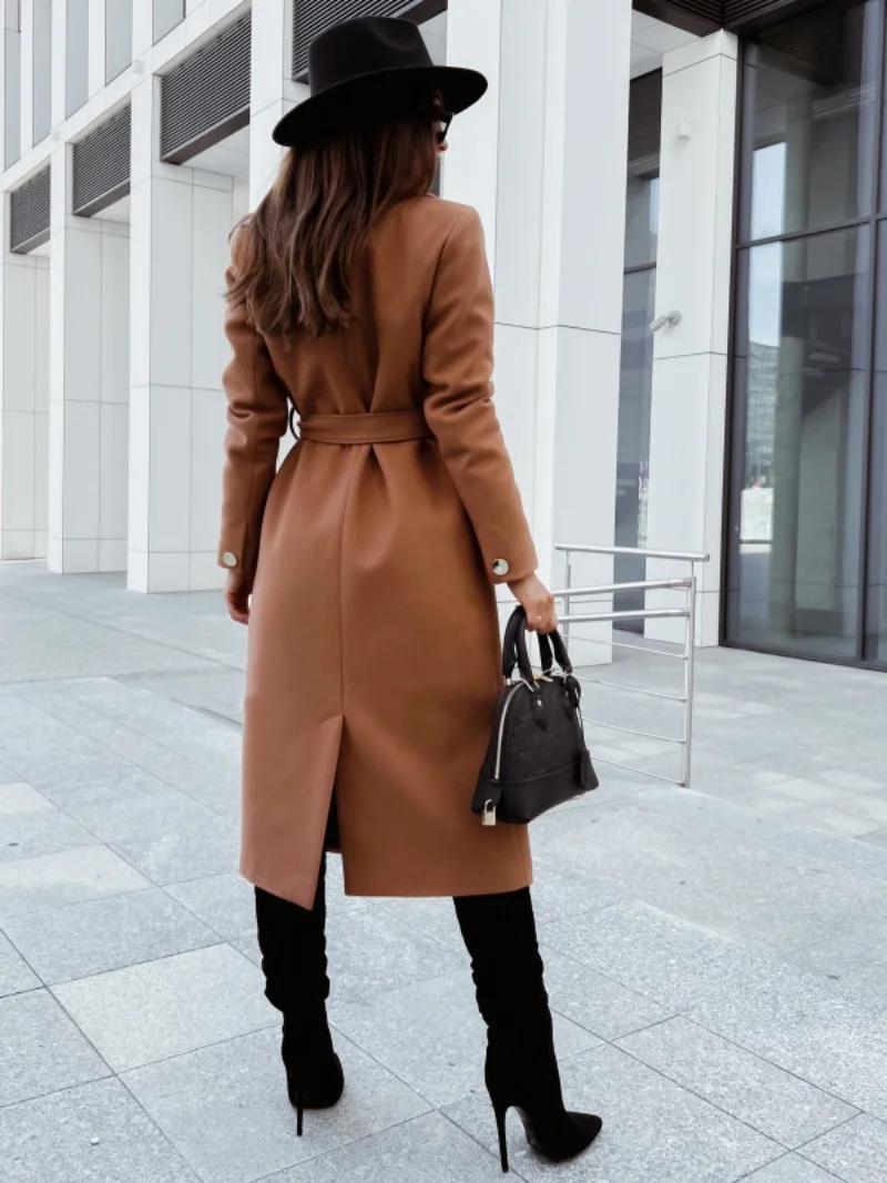 

Women's Coat - Belted Wrap Winter Overcoat with Wide Lapel, Button-Free Design for Chic Casual Style