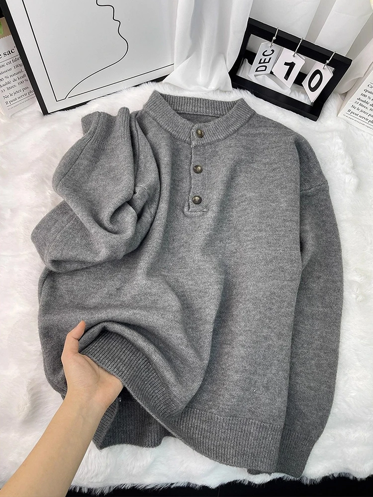 

Мужской вязаный свитер Deep ey с воротником-стойкой, базовая одежда, американский ретро-стиль, длинный рукав, повседневный, удобный крой