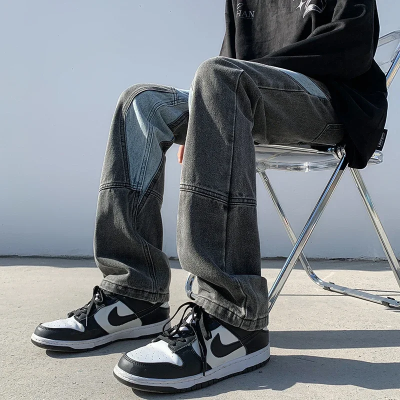 Patchwork Jeans Men Vertical Panelled Streetwear American Style Oversize Straight Spring Autumn Handsome Mopping Trousers Cozy