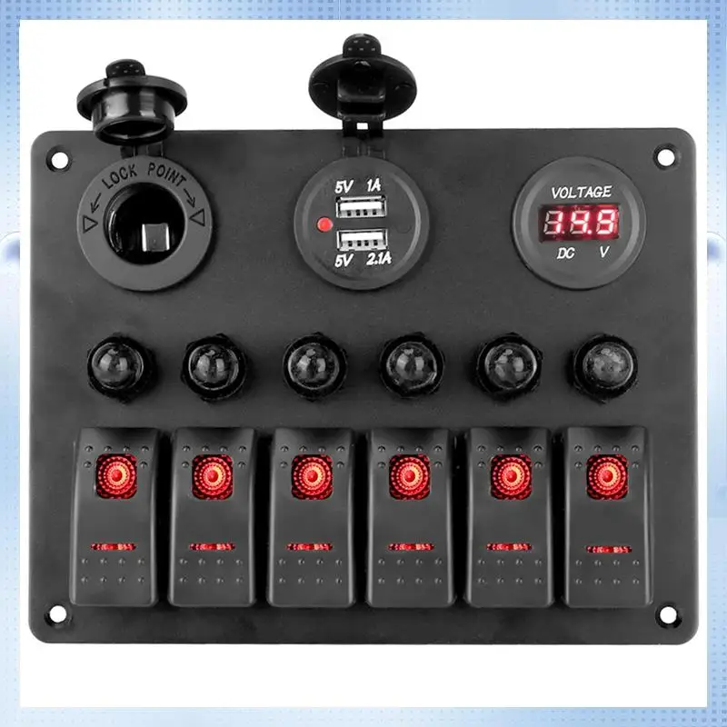 

NEW-Universal Car RV 6 Switch Panel 12/24V Rocker Panel Voltmeter USB Charger Circuit Breaker Tester Light Toggle