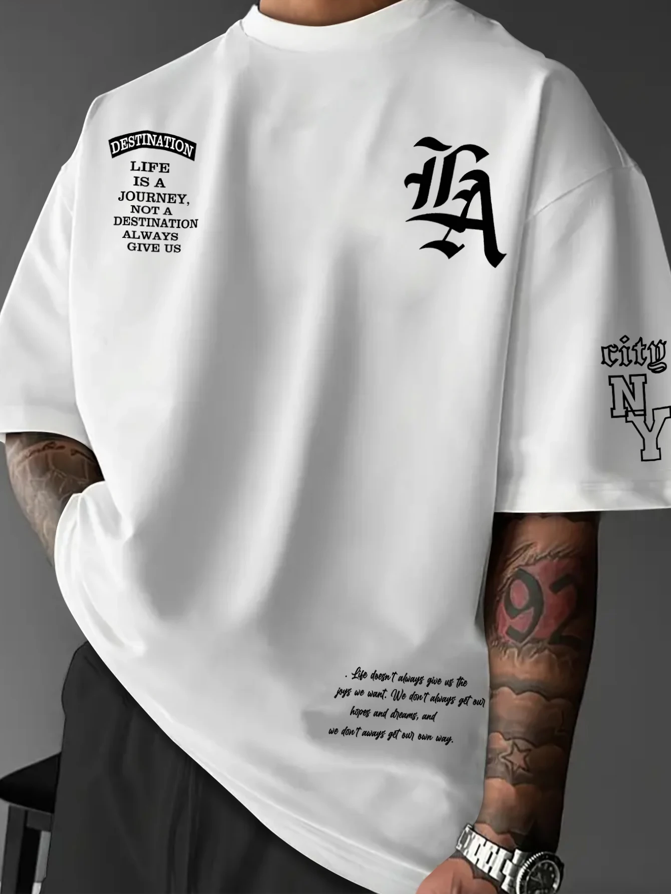 Distressed Text Print Loose Casual T-Shirt. Designed for men, light comfy fabric, stylish street wear for summer daily walking.