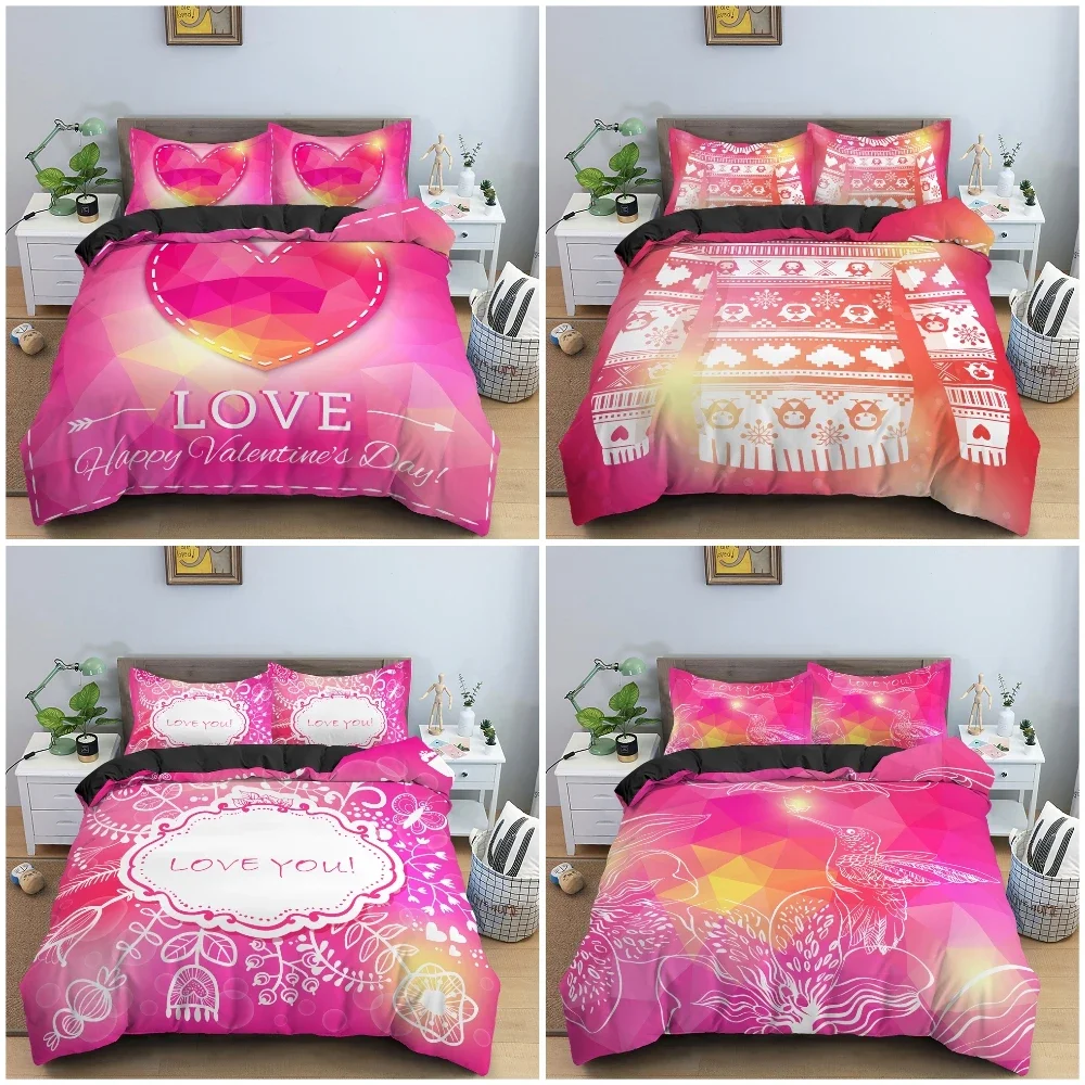 

Sweet Heart Pattern Bedding Set Soft Cozy Duvet Cover Set Red Background Quilt Cover King Queen Twin Bedclothes For Valentine's