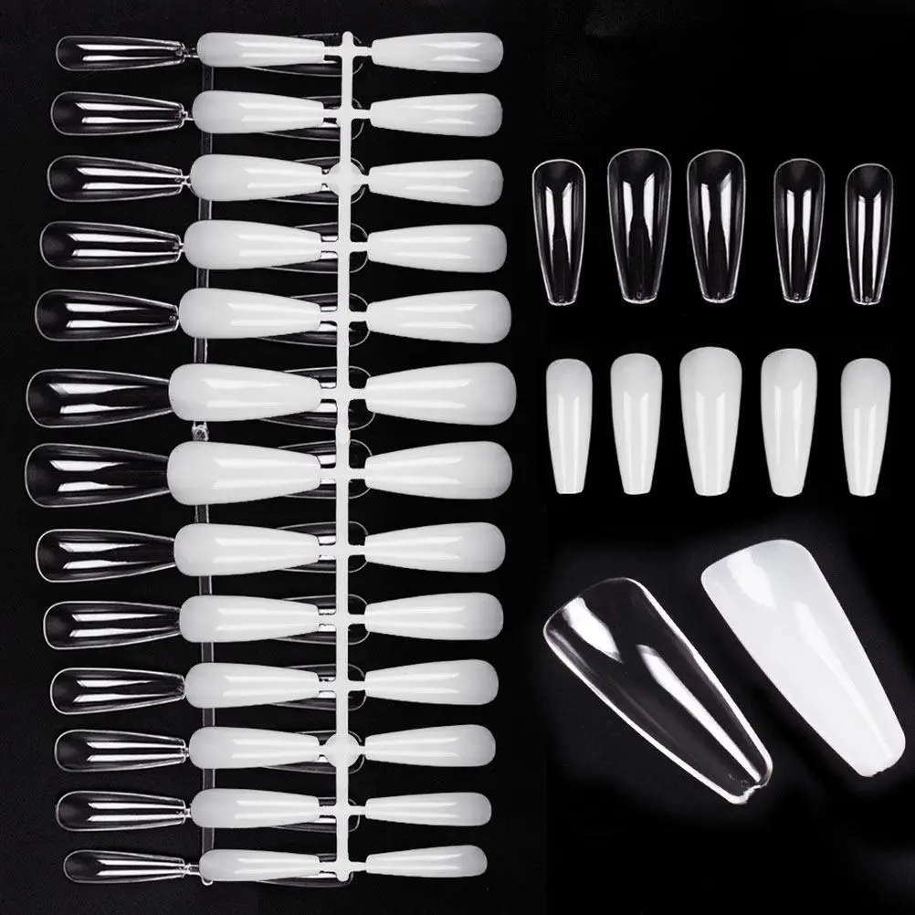 1Set Transparent Artificial Nails Skin Tone Full Cover False Nail Tips Long Ballet Trapezoidal Nails for Women