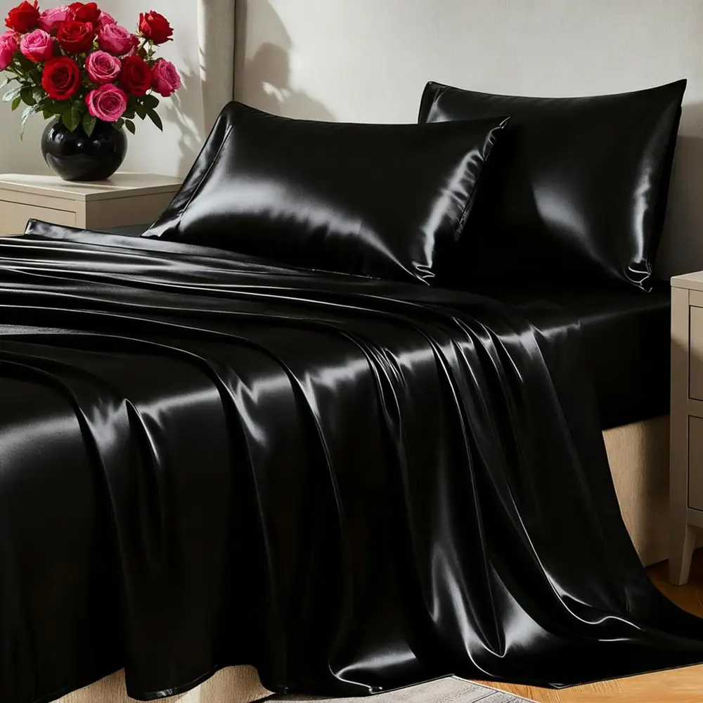 Satin Sheets King Size Sheet Set 4 Piece Silky King Sheets, Luxury Black King Bed Set with Smooth and Soft Microfiber, Includes
