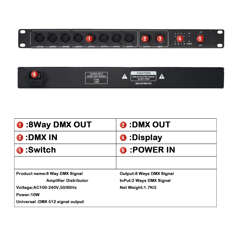 Imagem -06 - Palco Luzes Amplificador de Sinal Dmx Distribuidor 8ch Dmx512 Divisor a Melhor Qualidade Transporte Rápido