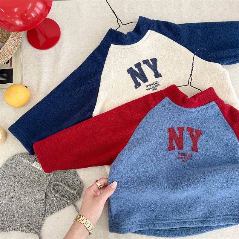 

2025 Winter New Children Plus Velvet Thick Sweatshirt Baby Girls Fleece Letter Sweatshirt Boys Bottoming Shirts Kids Warm Tops