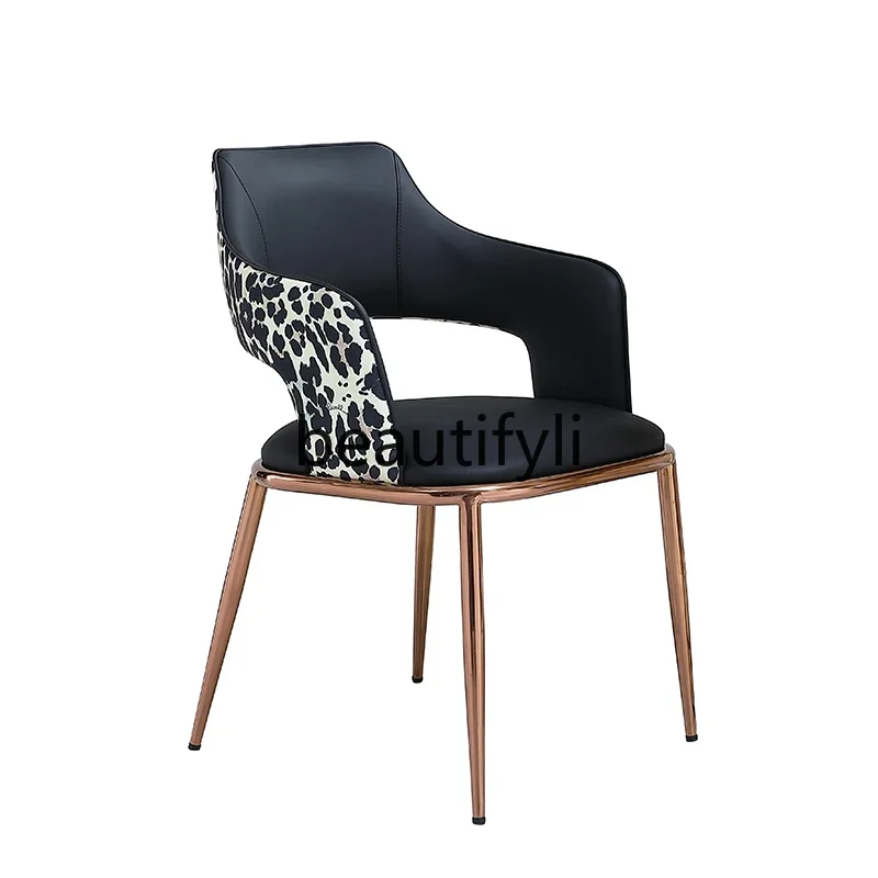 Light luxury leather dining chair backrest leopard print fashion design high-end luxury stone island platform backrest  chair