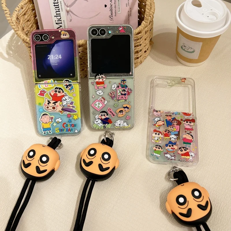 

Gradient Cute Crayon Shin-chan snot Boochan Buriburizaemon Glitte Folding Phone Case For Samsung Z Flip 5 6 7 anime Bling cover
