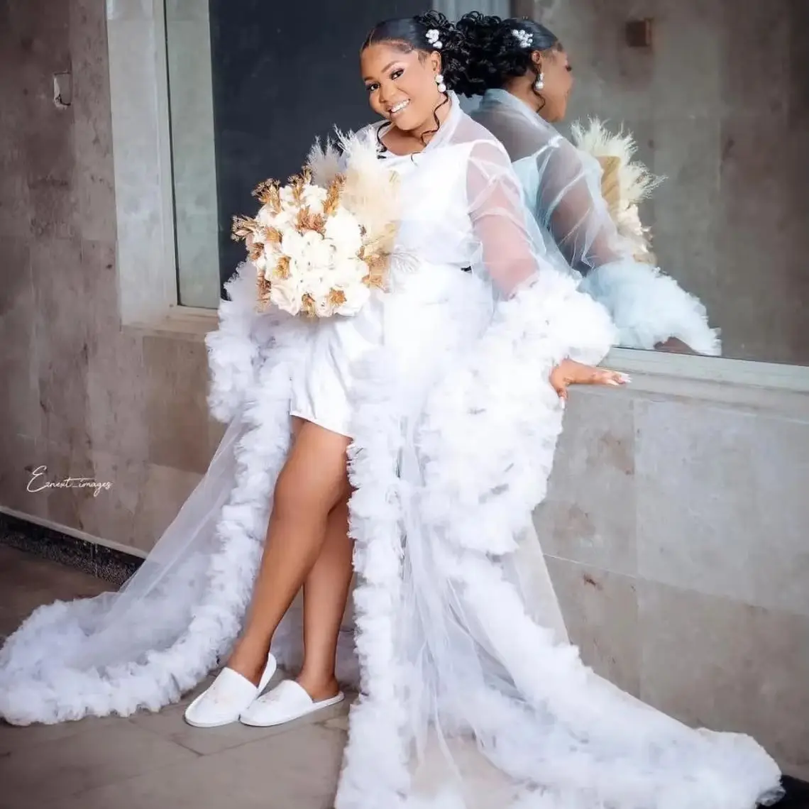 White Tulle Bridal Wedding Robe Customized Fluffy Maternity Dress Nightgown Long Sleeves Ruffles Sleepwear Custmized Pajamas