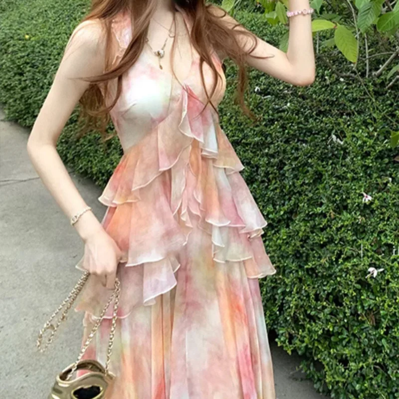 

Romantic Vacation Waist Cinching Dress French Style Asymmetric Waist Floral Strappy Sundress Elegant Flowy Summer Beach Dress