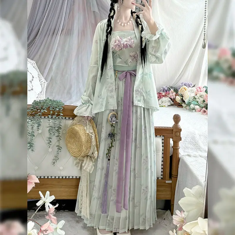 

Song Dynasty Hanfu Set - Women's Floral Print Hanfu Long Sleeve Green Modern Han Elements Traditional Chinese Outfit