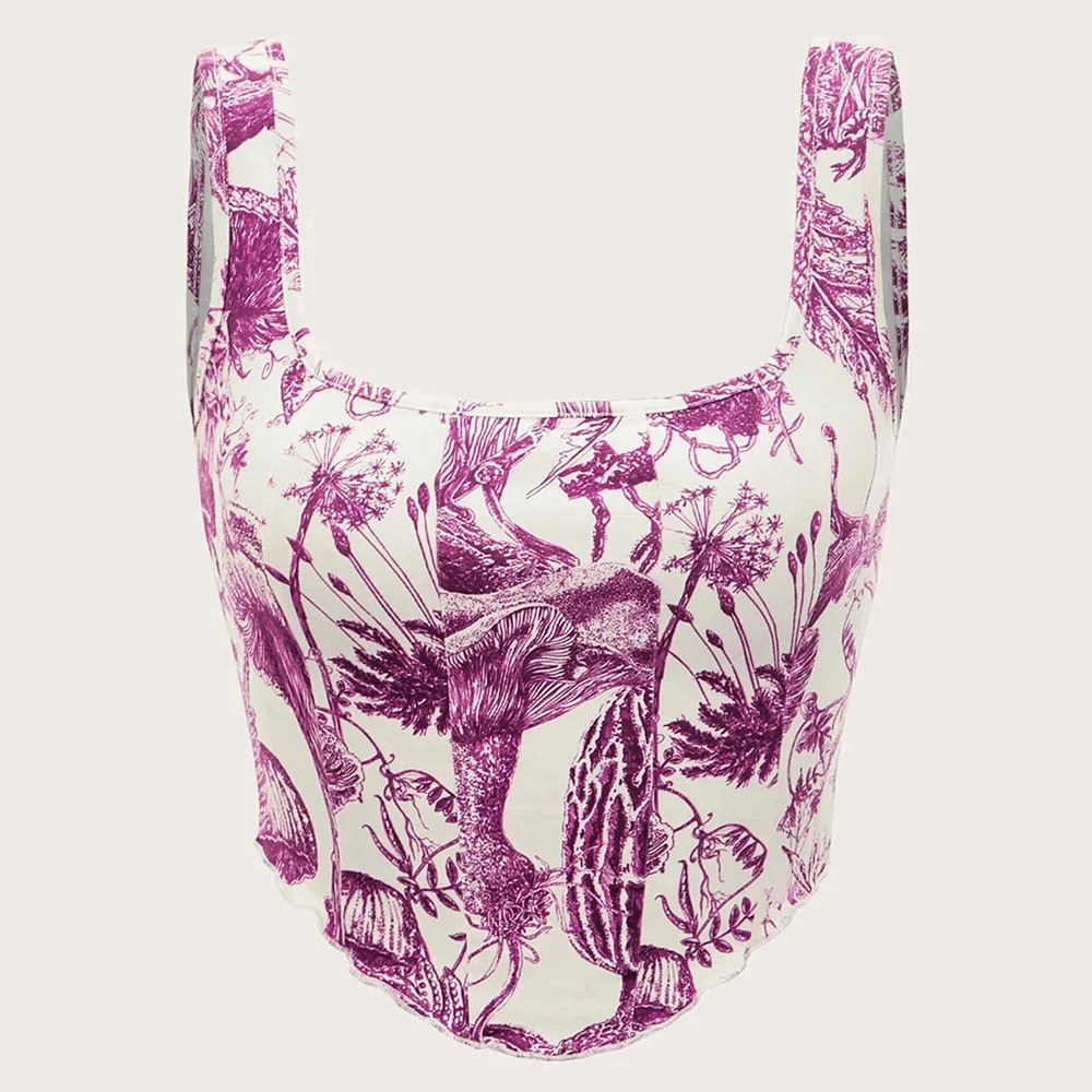 CPSYMYM الدبابات الربيع الصيف أزياء لائق طباعة كاملة أكمام ساحة الرقبة عارضة الدبابات للنساء