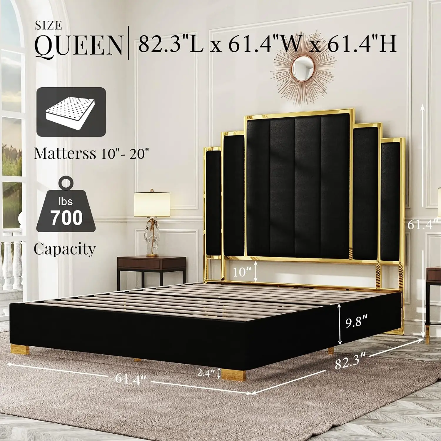Velvet Queen Platform Bed Frame with Gold Trim Headboard Wooden Slats No Box Spring Needed, Customized