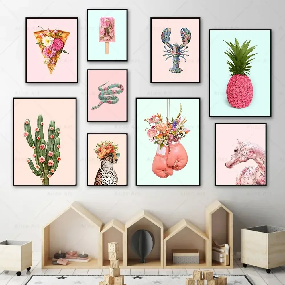 Blaue Blumen-Pizza-Hummer-Pferd-Kaktus Kawaii Kinderzimmer-Deko Rosa Wandkunst Leinwanddruck Blumen-Power Poster Bilder