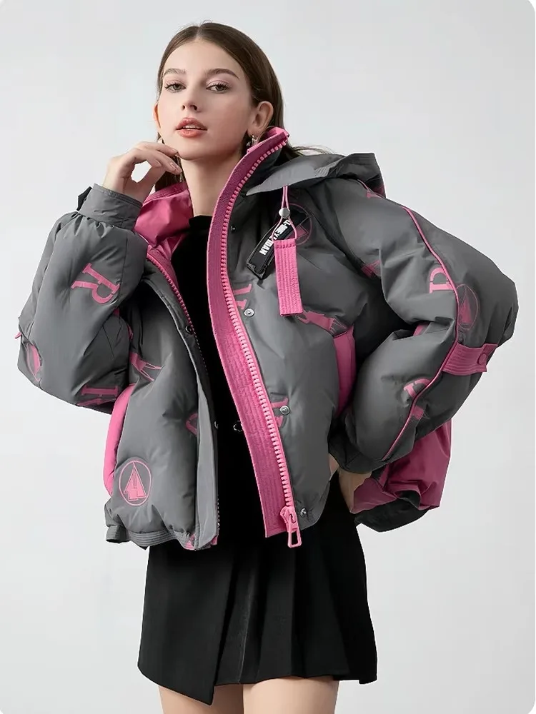 Short hooded down jacket fashion 2025 thick warm new winter splicing contrasting letter duck down trendy brand jacket