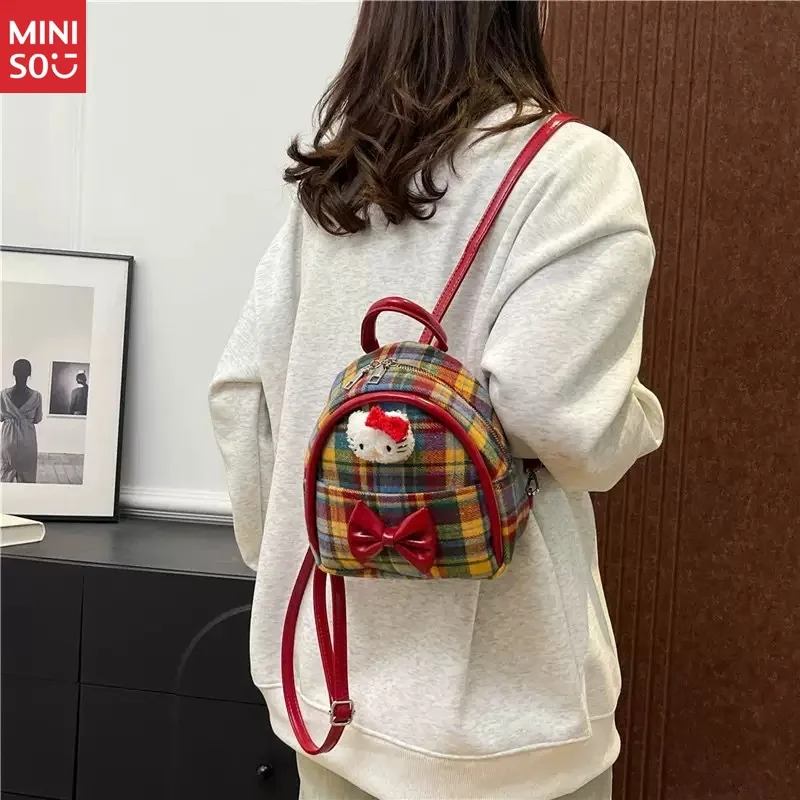 Miniso Retro Red Plaid Hello Kitty Backpack, Cute Bow Mini School Bag for Students & Girls