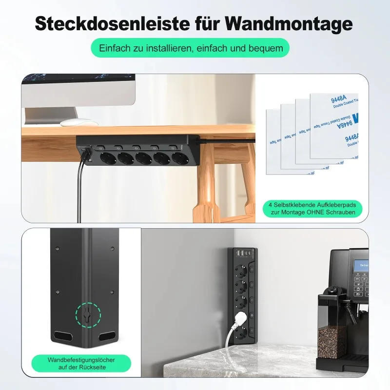 

Многофункциональная розетка 9-в-1 5AC+2USB+2Type-C Индивидуально переключаемая установка без отверстий/90 ° Удлинитель L-образной формы длиной 2 м