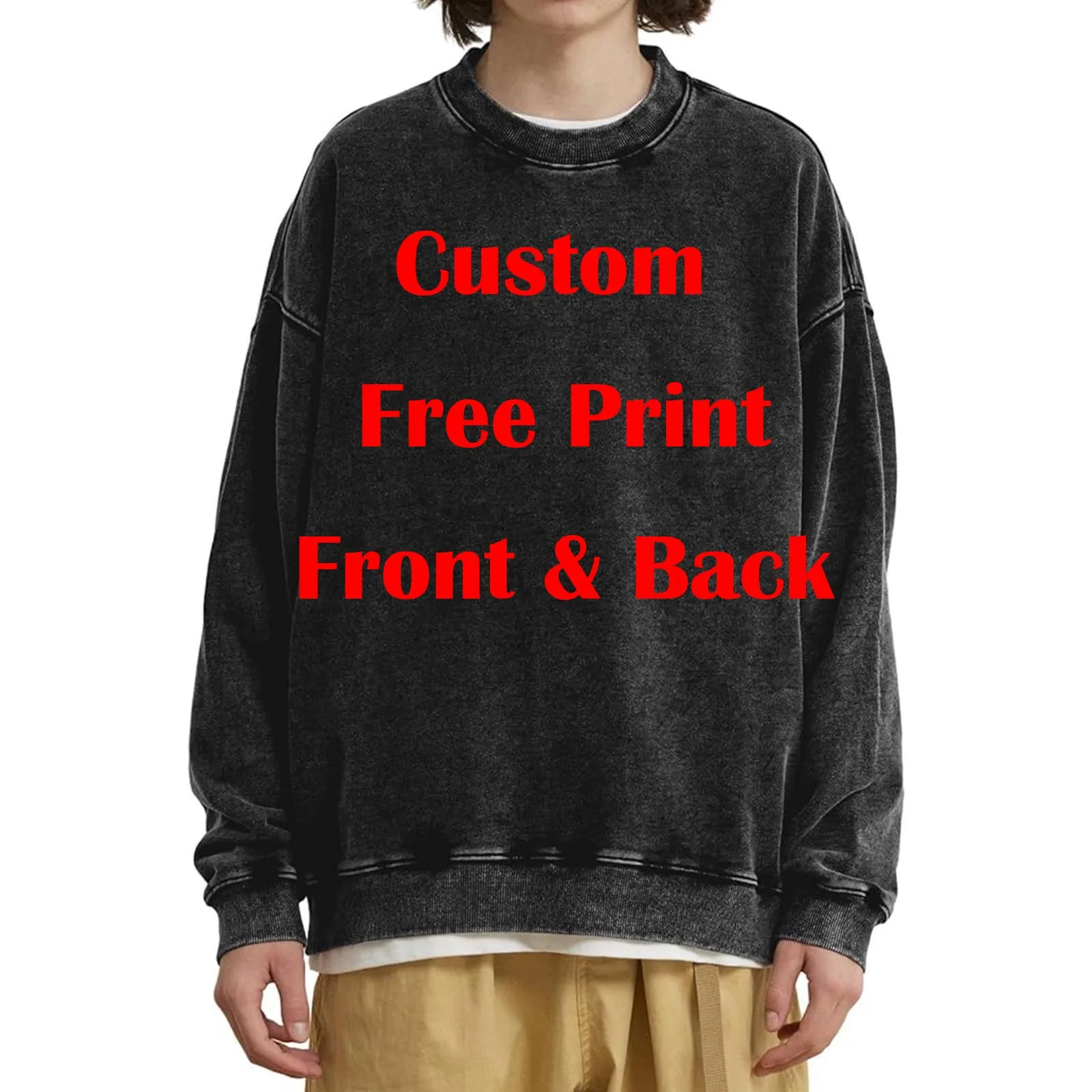 Custom Logo DIY Brand 100% Cotton Retro Washed  Cotton Long Sleeve T-Shirts For Men Unisex Oversized Loose Crew Neck Streetwears