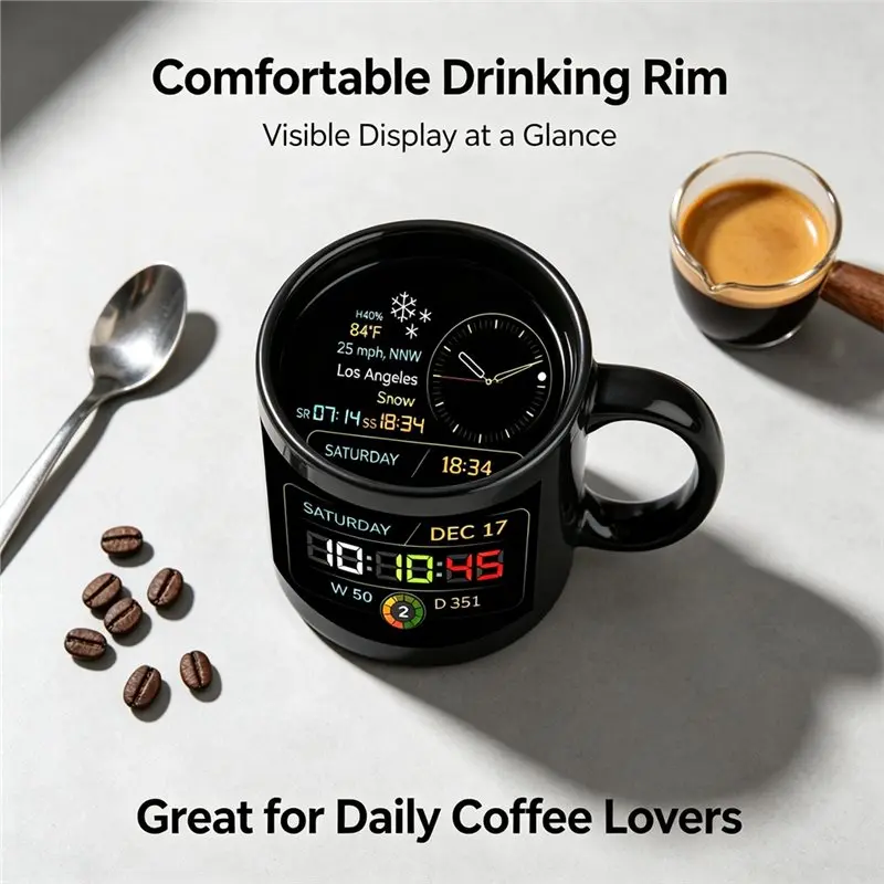 Large Capacity Black Coffee Cup With Handle, Modern Time Display, Creative Premium Sensing Mug For Home Office