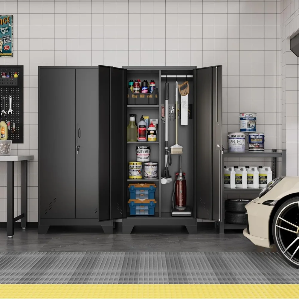 ตู้เก็บของเหล็กแข็งแรง ขนาด 61 นิ้ว สำหรับจัดเก็บในโรงรถ พร้อมราวแขวน ที่เก็บไม้กวาด ตู้เก็บของในห้องน้ำแบบตั้งพื้น