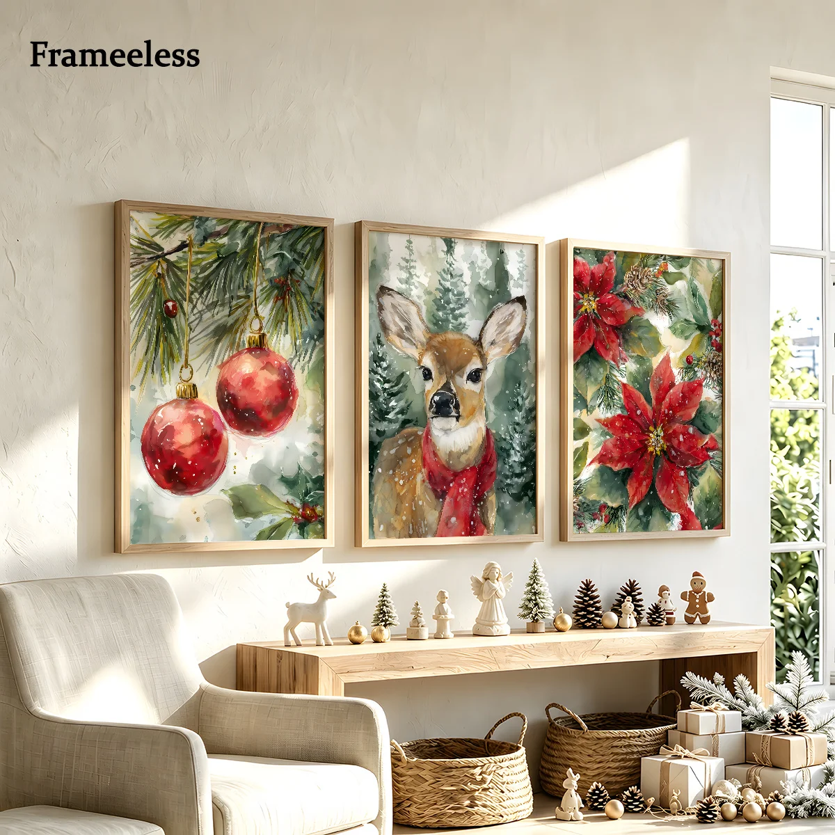 3Pcs Watercolor Christmas Deer Floral Bauble Canvas Poster Wall Art,2D Print Wall Decor,Festival Home Decoration For Living Room