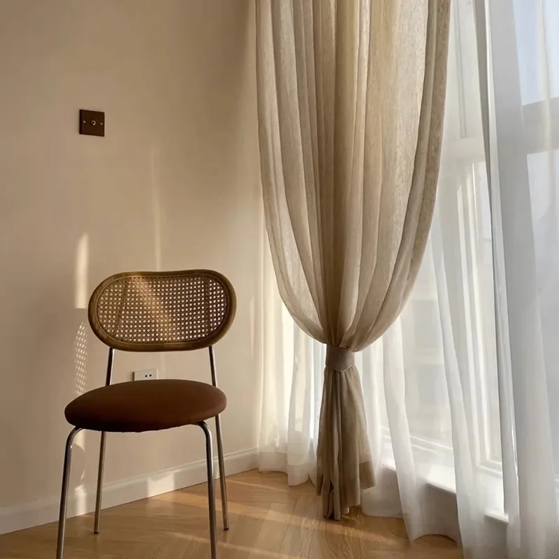 Imitation Linen Gauze Curtains in a Natural Wood Style, Gauze Curtains for Balconies, Bay Windows, Living Rooms and Bedrooms