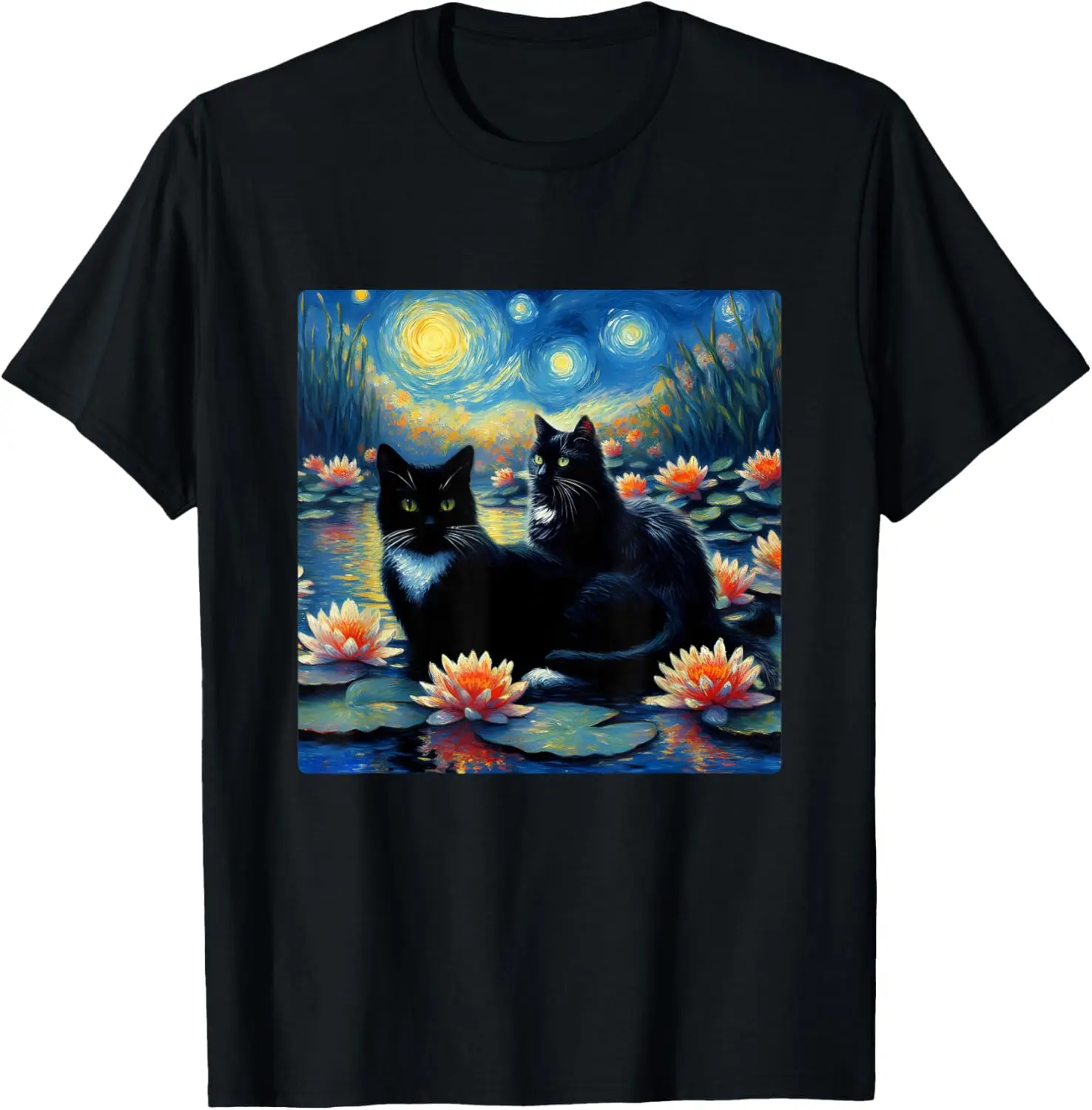 

Couple Black Cat Waterlily Painting Art Style T-Shirt