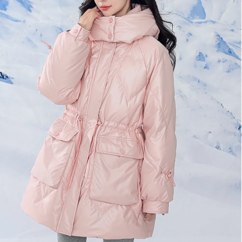 Winter New Outerwears Women's Down Coats Glossy Large Pockets Solid Trendy Parka Thick Warm Loose Snow Mid-length Down Jackets