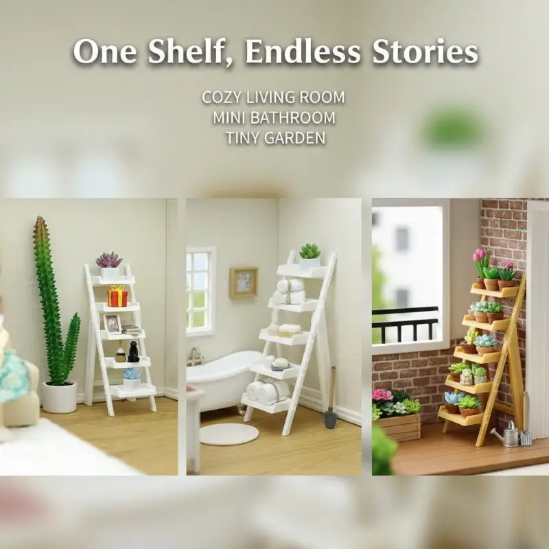 Dollhouse Miniature Ladder Shelf 1Pcs 1/12 Multi Layer Storage Rack Model for Artistic Dollhouse DecorHot