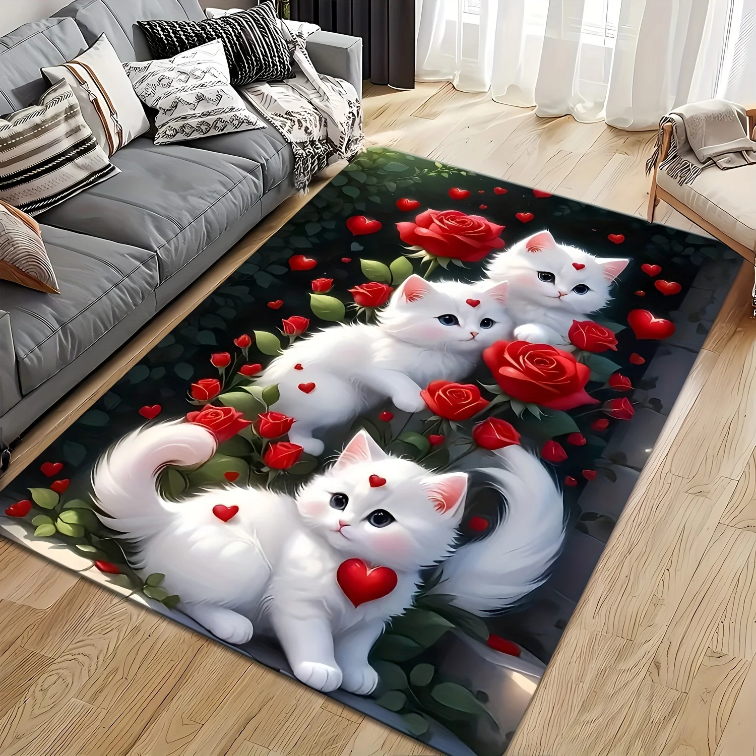 Red‑Rose‑Heart‑Kitten Printed Rug, Romantic Decor for Entryway, Bedroom, Living‑Room & Indoor Home Use