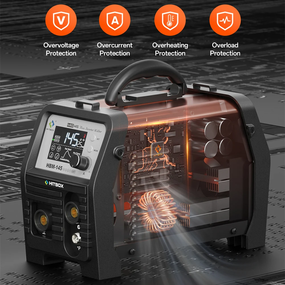 HITBOX 145A Semi-Automatic MIG Welding Machine 4 in 1 MMA/Gasless MIG/Lift TIG/Spool Gun Inverter Welder Synergy Tool HBM145