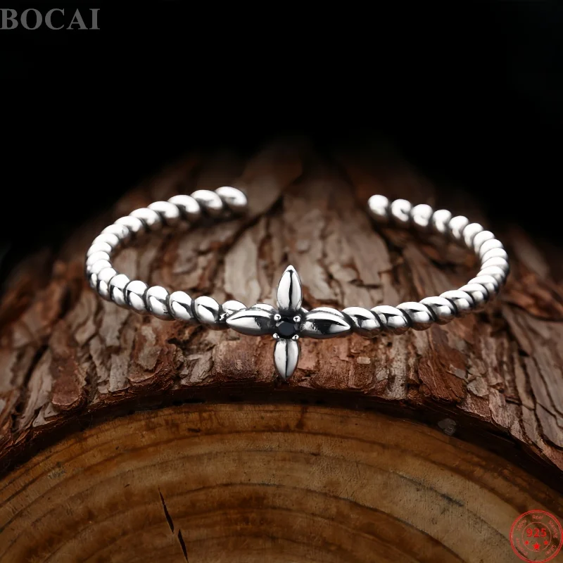 BOCAI New S925 Sterling Silver Charms Bracelets for Men Antique Twists Pattern Cross Flowers Punk Bangle Fine Choice Jewelry
