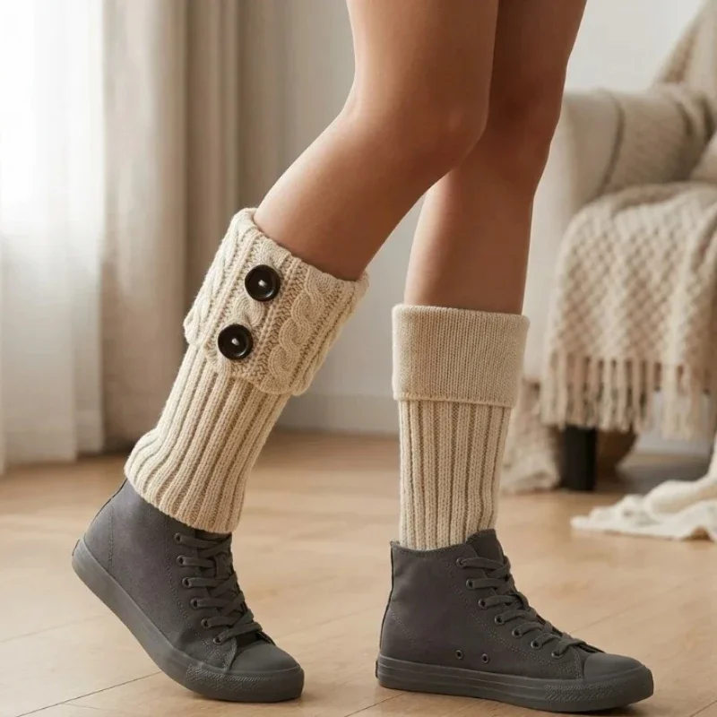 Beige Cable Knit Leg Warmers with Decorative Buttons, Ribbed Knitted Boot Cuffs for Fall and Winter Daily Outfit Matching