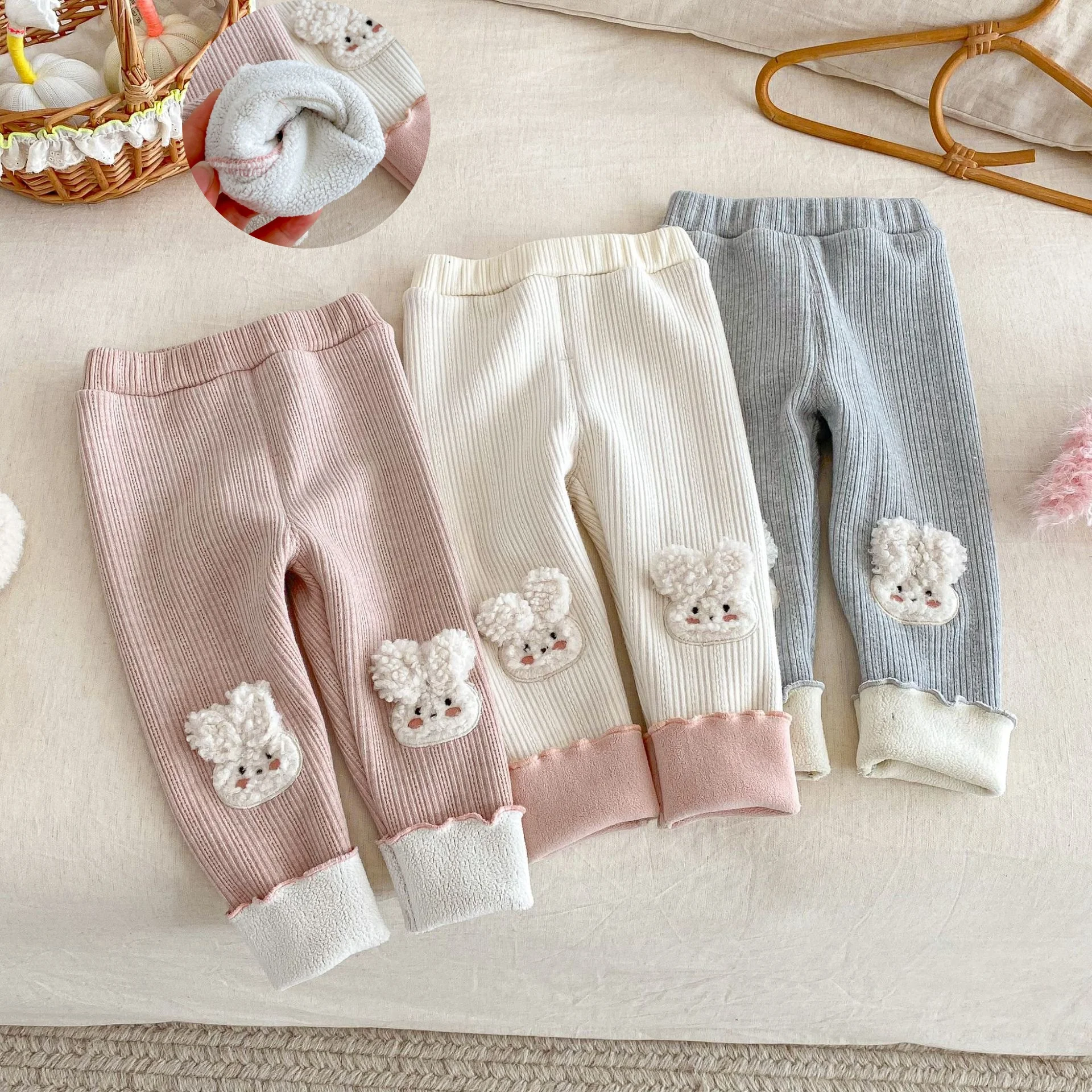 

2025 Winter Kids Girl Clothes Fleece-Lined Leggings Cute Rabbit Embroidered Warm Long Pants Soft Stretchy Bottoms for 0-5Y Kids