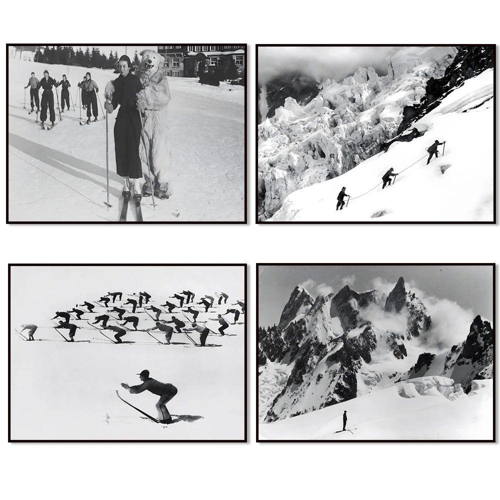 Vintage Ski Prints Mountaineer Alps France Black & White Photography Travel Poster Vintage Photo Mountaineering Skiing
