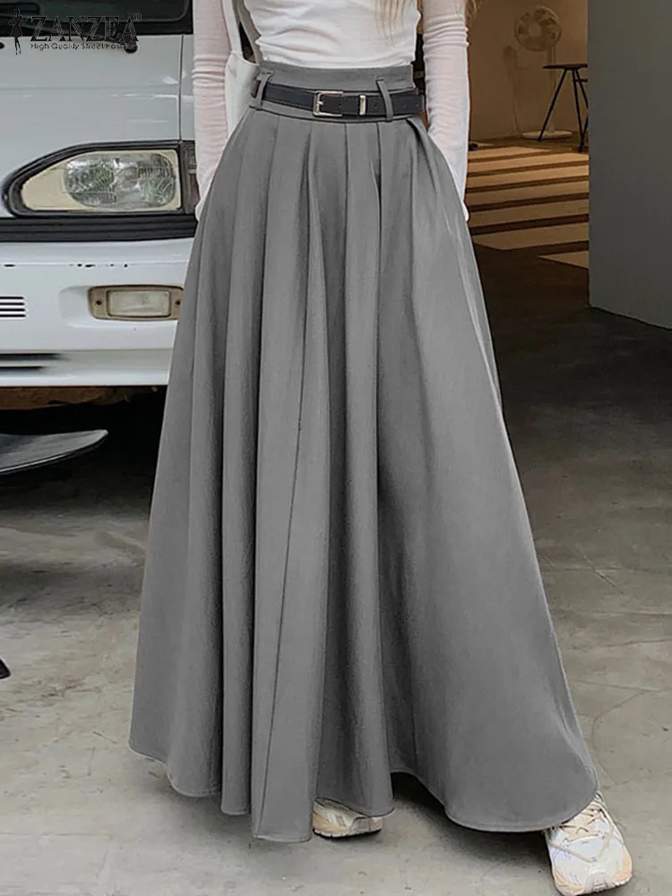 ZANZEA Women High Waist Jupe Korean Vintage Pleating Swing Skirt Fashion 2024 Spring Office Falda Holiday Loose Solid Maxi Skirt