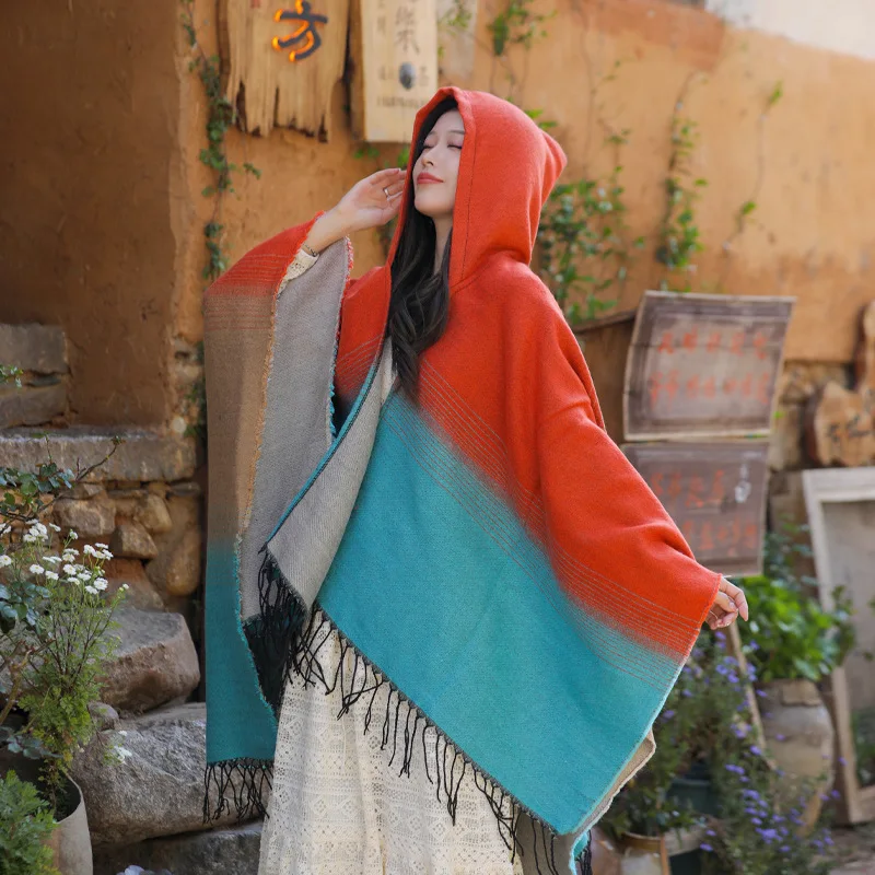 Poncho Gradient Color Shawl Cape Ethnic Storm Siberian Tourism Wear Photo Taking Capes Insulation and Scarf Overlay Cloak Orange