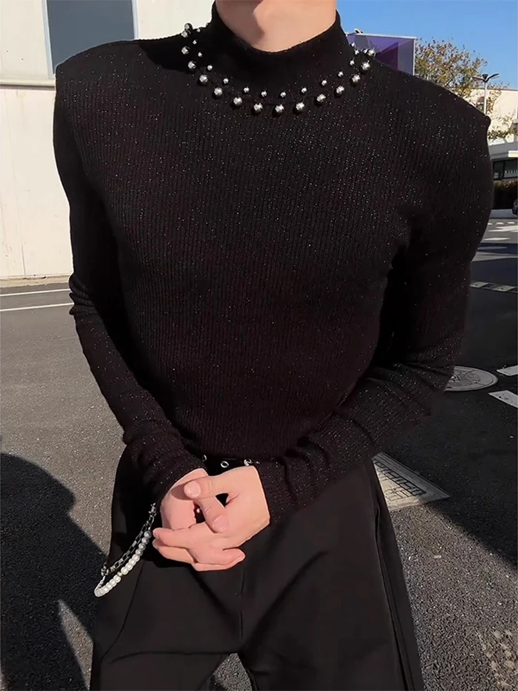 

Мужской вязаный свитер с высоким воротником и декоративными элементами, облегающий, мягкий, удобный, повседневный, базовый слой