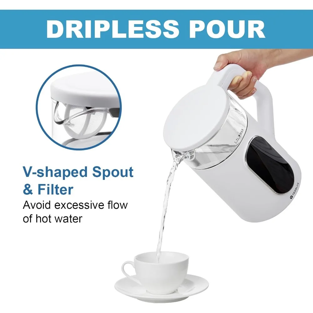 Chaleira elétrica, chaleira de água de vidro de ebulição rápida de 1500 W com controle de temperatura, base de aço inoxidável sem fio de 1,7 L, manter aquecido